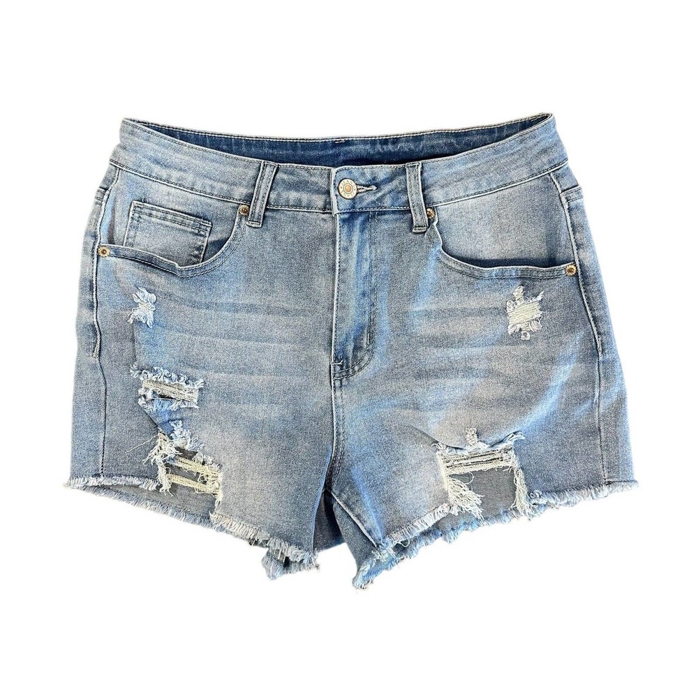 Juniors Girls Blue Denim Distressed Cut Off Shorts Size Med Stretch Mid Rise